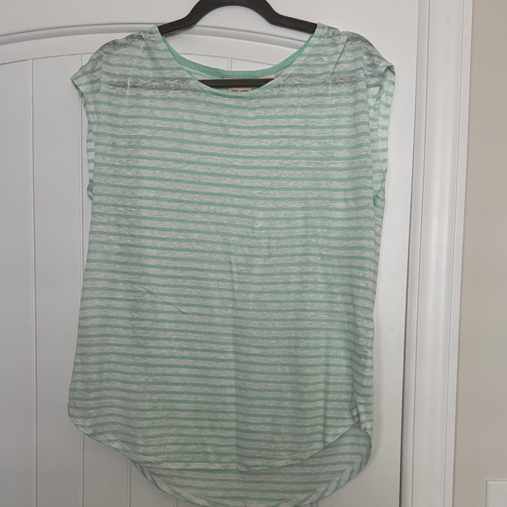Christian Siriano Mint Striped Short Linen Sleeve Top